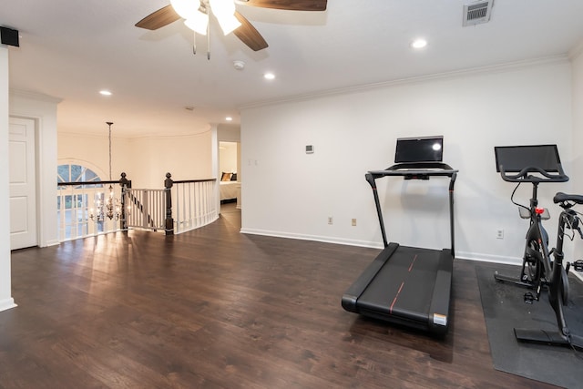 14102 N Suddley Castle St, Houston, TX 77095 - workout area with crown molding, a ceiling fan, recessed lighting, wood finished floors, and baseboards