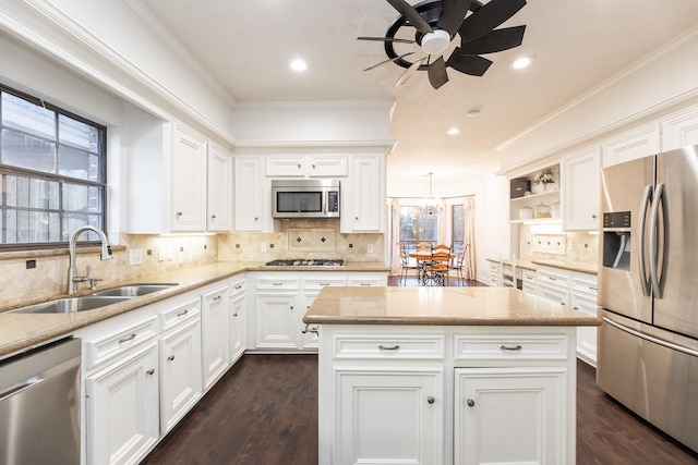 14102 N Suddley Castle St, Houston, TX 77095 - kitchen with appliances with stainless steel finishes, a sink, open shelves, light stone countertops, and dark wood finished floors
