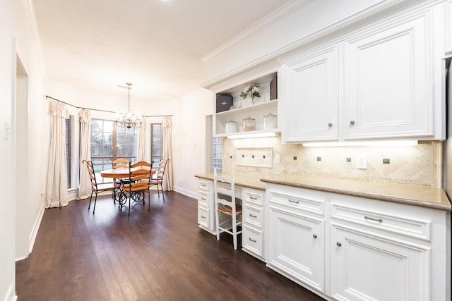 14102 N Suddley Castle St, Houston, TX 77095 - kitchen featuring a chandelier, tasteful backsplash, open shelves, baseboards, and dark wood finished floors