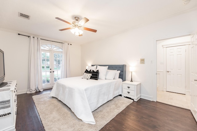14102 N Suddley Castle St, Houston, TX 77095 - bedroom with access to exterior, dark wood-type flooring, french doors, a ceiling fan, and baseboards