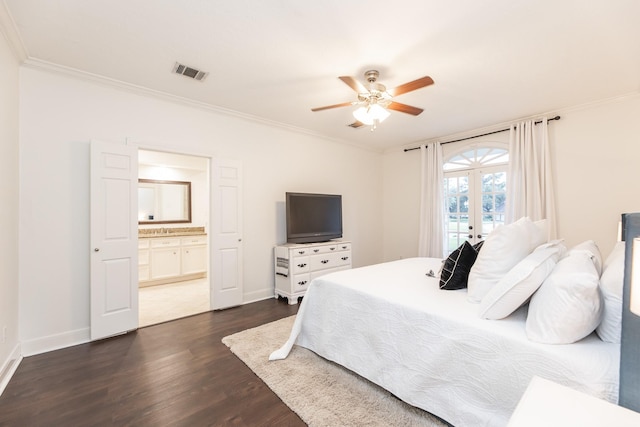 14102 N Suddley Castle St, Houston, TX 77095 - bedroom with crown molding, dark wood-style flooring, baseboards, ensuite bath, and ceiling fan