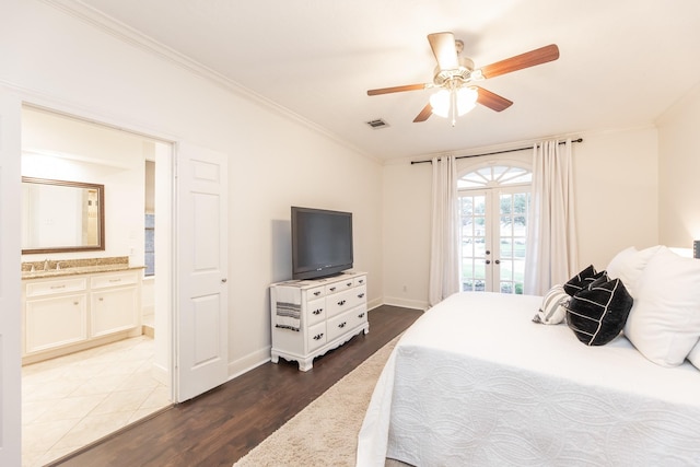 14102 N Suddley Castle St, Houston, TX 77095 - bedroom featuring access to exterior, crown molding, wood finished floors, connected bathroom, and french doors