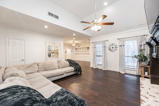 14102 N Suddley Castle St, Houston, TX 77095 - living area featuring ceiling fan, lofted ceiling, wood finished floors, ornamental molding, and recessed lighting