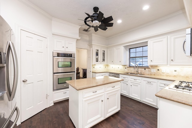14102 N Suddley Castle St, Houston, TX 77095 - kitchen featuring a sink, stainless steel appliances, a ceiling fan, dark wood-type flooring, and white cabinetry