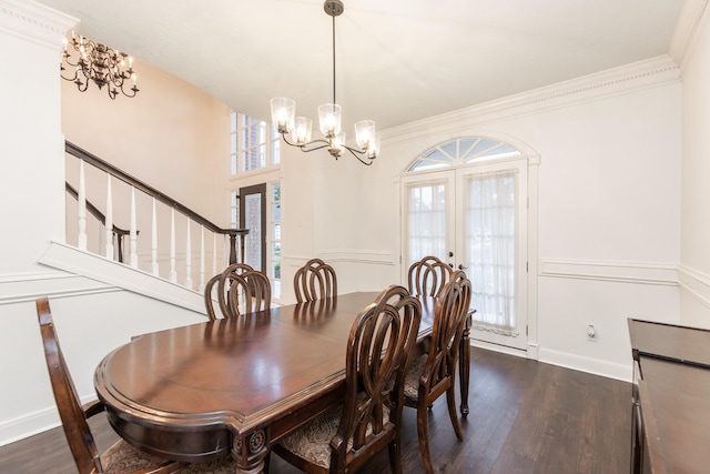 14102 N Suddley Castle St, Houston, TX 77095 - dining space with a chandelier, french doors, dark wood-style floors, baseboards, and ornamental molding