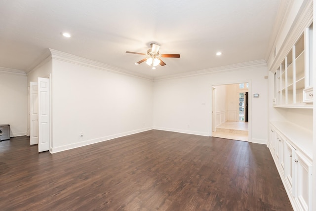 14102 N Suddley Castle St, Houston, TX 77095 - unfurnished living room with a ceiling fan, dark wood finished floors, crown molding, recessed lighting, and baseboards