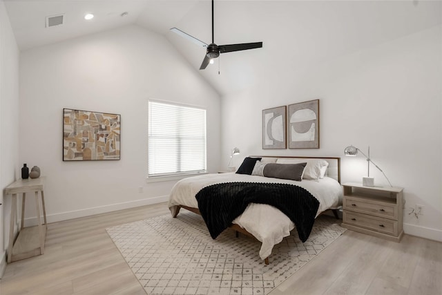 2522 Live Oak St, Houston, TX 77004 - bedroom featuring high vaulted ceiling, light wood finished floors, baseboards, ceiling fan, and recessed lighting