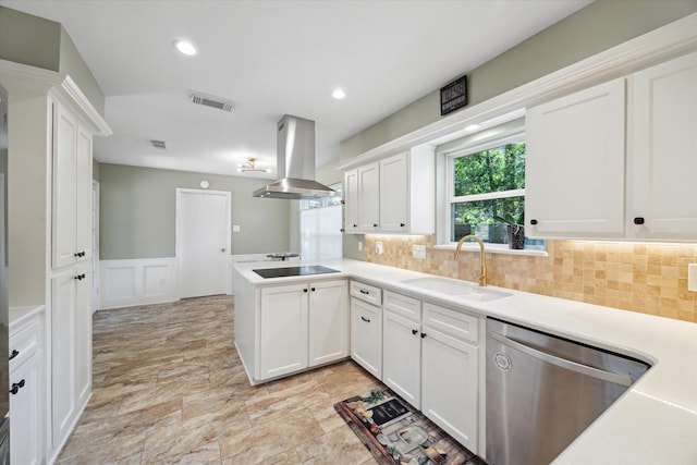 2055 Pine River Dr, Houston, TX 77339 - kitchen with dishwasher, island range hood, a sink, a peninsula, and white cabinetry