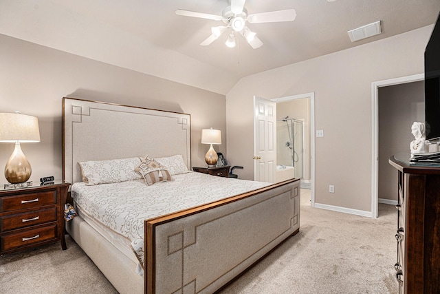 235 River Basin Ln, League City, TX 77539 - bedroom featuring light carpet, lofted ceiling, baseboards, ceiling fan, and ensuite bathroom