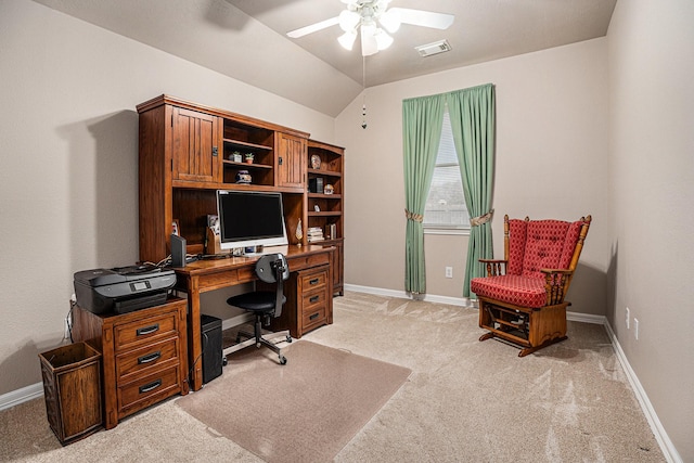 235 River Basin Ln, League City, TX 77539 - office area featuring ceiling fan, light carpet, baseboards, and vaulted ceiling