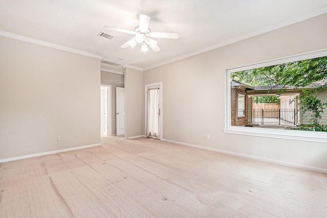 3506 Park Springs Ln, Houston, TX 77345 - unfurnished room with light carpet, ornamental molding, baseboards, and a ceiling fan