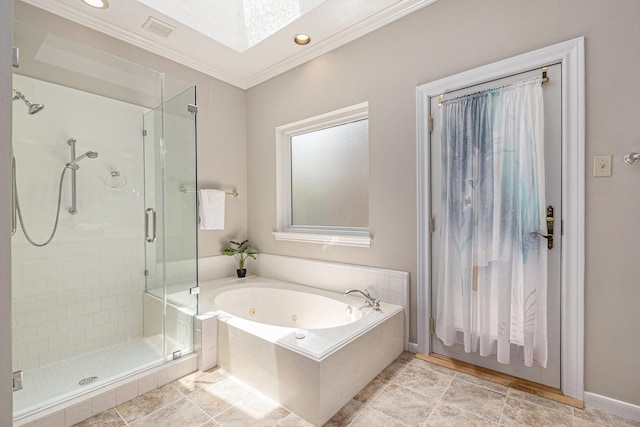 3506 Park Springs Ln, Houston, TX 77345 - bathroom with a shower stall, a whirlpool tub, crown molding, and recessed lighting