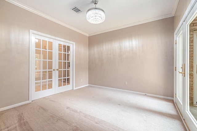 3506 Park Springs Ln, Houston, TX 77345 - spare room featuring french doors, ornamental molding, carpet floors, a chandelier, and baseboards
