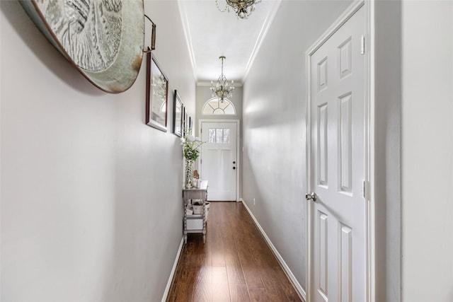 19715 Desna Dr, Porter, TX 77365 - corridor featuring crown molding, a chandelier, dark wood-style flooring, and baseboards