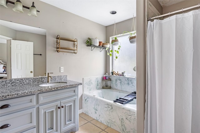 19715 Desna Dr, Porter, TX 77365 - bathroom featuring vanity, tile patterned flooring, a garden tub, and curtained shower