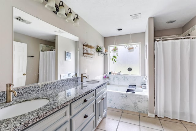 19715 Desna Dr, Porter, TX 77365 - bathroom with a bath, double vanity, tile patterned floors, and a shower with shower curtain