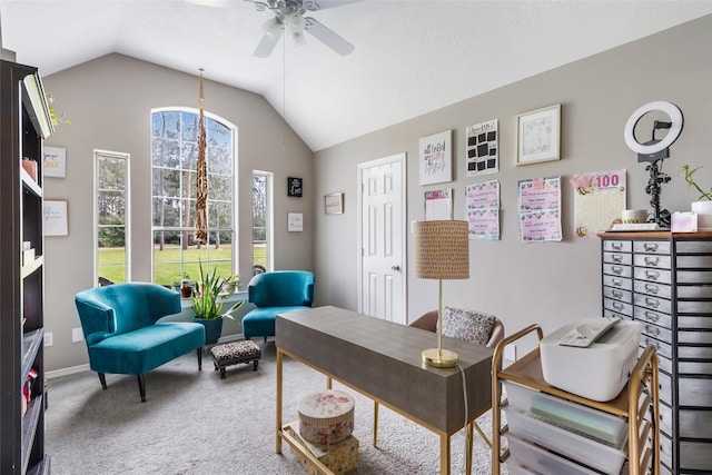 19715 Desna Dr, Porter, TX 77365 - carpeted office featuring lofted ceiling, a ceiling fan, and baseboards