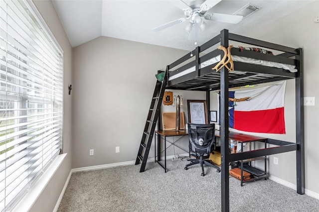 19715 Desna Dr, Porter, TX 77365 - bedroom with carpet flooring, vaulted ceiling, baseboards, and a desk