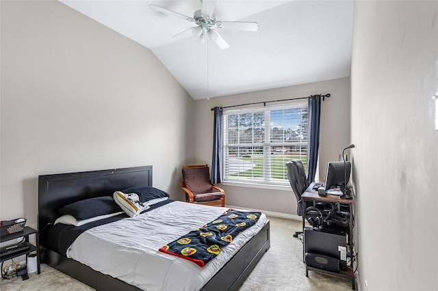 19715 Desna Dr, Porter, TX 77365 - bedroom with carpet flooring, vaulted ceiling, baseboards, an office area, and a ceiling fan