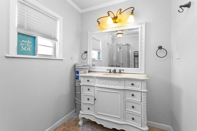 319 W Shore Dr, Kemah, TX 77565 - bathroom featuring baseboards, crown molding, vanity, and a shower stall