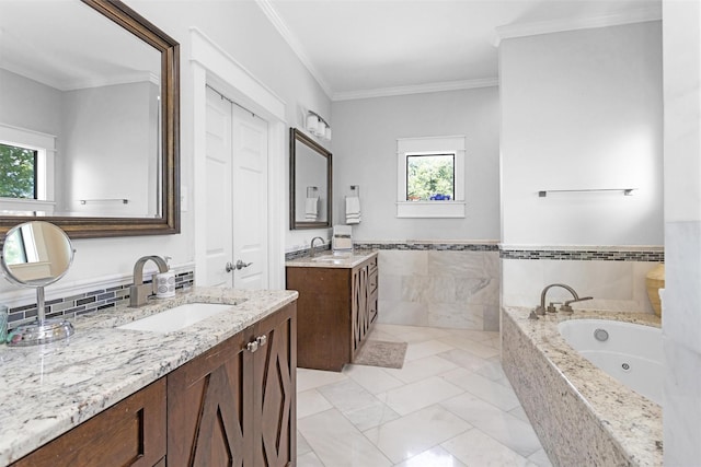 319 W Shore Dr, Kemah, TX 77565 - full bath featuring healthy amount of natural light, two vanities, ornamental molding, a tub with jets, and marble look tiles