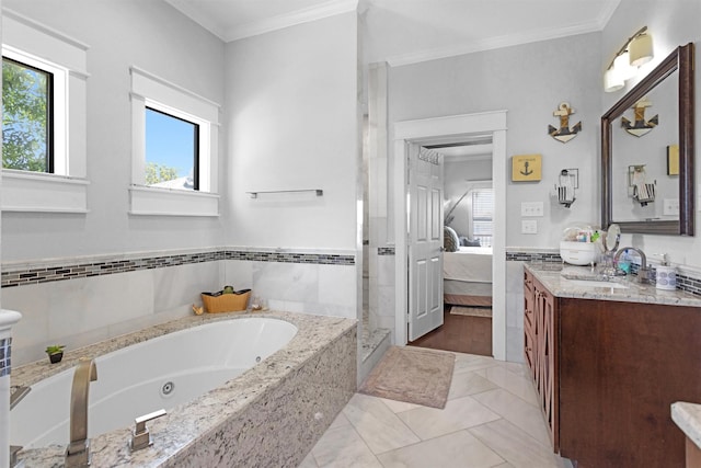 319 W Shore Dr, Kemah, TX 77565 - full bath featuring vanity, a shower stall, a tub with jets, ornamental molding, and ensuite bath