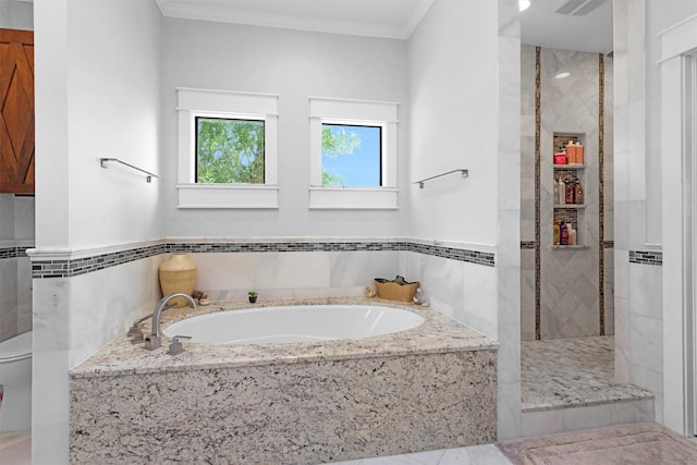 319 W Shore Dr, Kemah, TX 77565 - bathroom with a bath, tiled shower, crown molding, and toilet