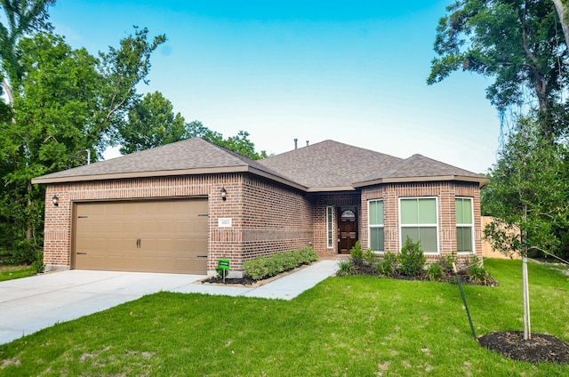 6523 Tuskegee St, Houston, TX 77091 - ranch-style house with brick siding, an attached garage, a front yard, and driveway