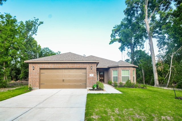 6523 Tuskegee St, Houston, TX 77091 - ranch-style house with an attached garage, brick siding, a front yard, driveway, and roof with shingles
