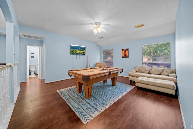 1802 Moston Dr, Spring, TX 77386 - playroom featuring wood finished floors, a ceiling fan, billiards, baseboards, and a textured ceiling