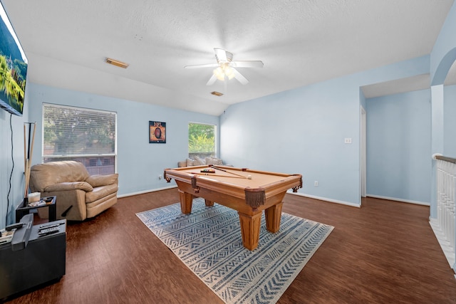 1802 Moston Dr, Spring, TX 77386 - playroom with ceiling fan, wood finished floors, pool table, baseboards, and a textured ceiling