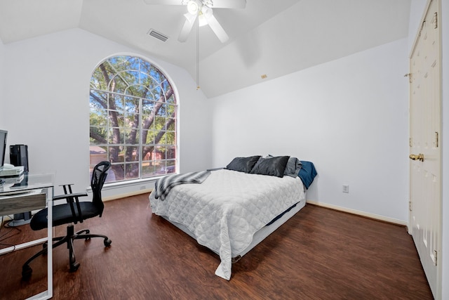 1802 Moston Dr, Spring, TX 77386 - bedroom featuring vaulted ceiling, wood finished floors, a desk, baseboards, and ceiling fan