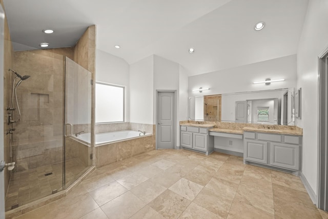 9714 Braesmont Dr, Houston, TX 77096 - full bath featuring vanity, a garden tub, a stall shower, lofted ceiling, and recessed lighting