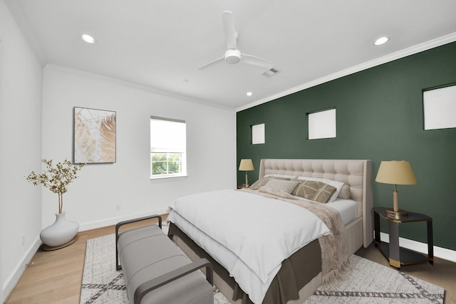 4005 Woodshire Village Ests, Houston, TX 77025 - bedroom featuring ornamental molding, baseboards, recessed lighting, wood finished floors, and a ceiling fan