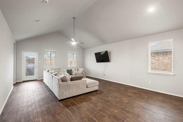 18693 Swainboro Dr, New Caney, TX 77357 - living room featuring baseboards, dark wood-style floors, lofted ceiling, and ceiling fan