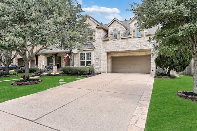 1013 Bolivar Point Ln, Friendswood, TX 77546 - french country style house featuring stone siding, driveway, a garage, and a standing seam roof