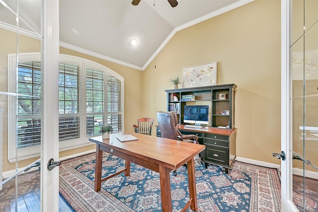 1013 Bolivar Point Ln, Friendswood, TX 77546 - home office with french doors, lofted ceiling, a ceiling fan, ornamental molding, and baseboards