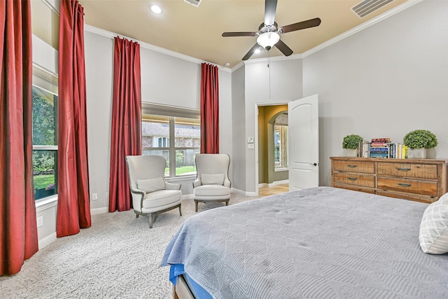 1013 Bolivar Point Ln, Friendswood, TX 77546 - bedroom with crown molding, carpet flooring, baseboards, a ceiling fan, and recessed lighting
