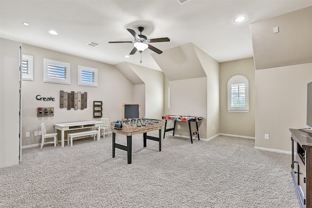 1013 Bolivar Point Ln, Friendswood, TX 77546 - playroom with carpet floors, a ceiling fan, baseboards, and recessed lighting