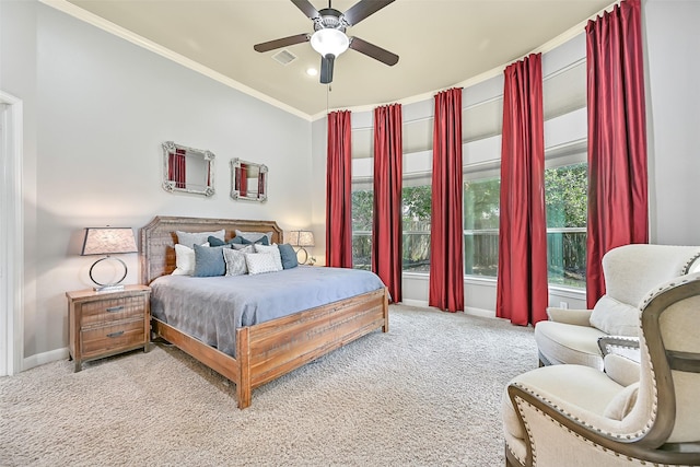 1013 Bolivar Point Ln, Friendswood, TX 77546 - bedroom with carpet, ornamental molding, baseboards, and a ceiling fan