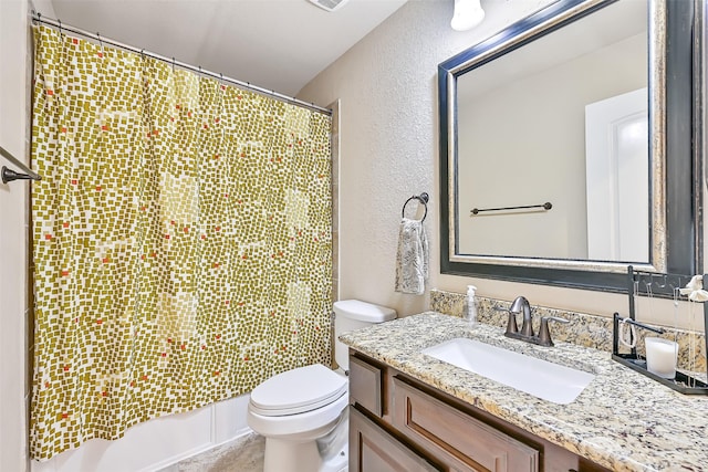 1013 Bolivar Point Ln, Friendswood, TX 77546 - bathroom with vanity, a shower with shower curtain, toilet, and a textured wall