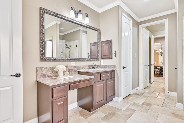 1013 Bolivar Point Ln, Friendswood, TX 77546 - bathroom with stone tile flooring, a shower stall, vanity, crown molding, and baseboards
