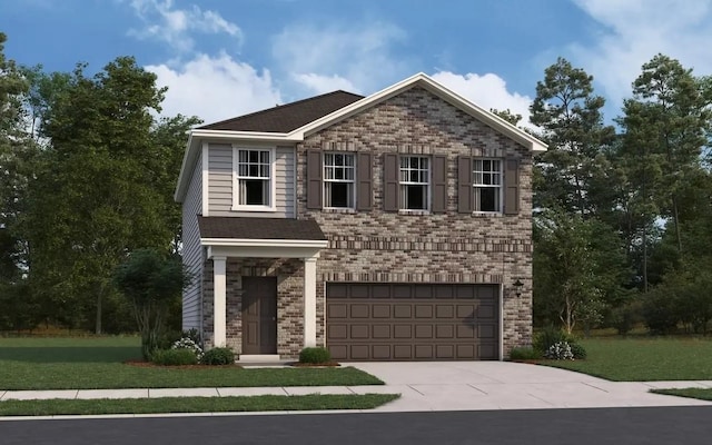 18749 Lucas Michael Way, New Caney, TX 77357 - traditional-style house featuring a garage, driveway, a front lawn, and brick siding