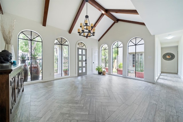 14119 Kiamesha Ct, Houston, TX 77069 - unfurnished living room with high vaulted ceiling, baseboards, a chandelier, plenty of natural light, and beam ceiling