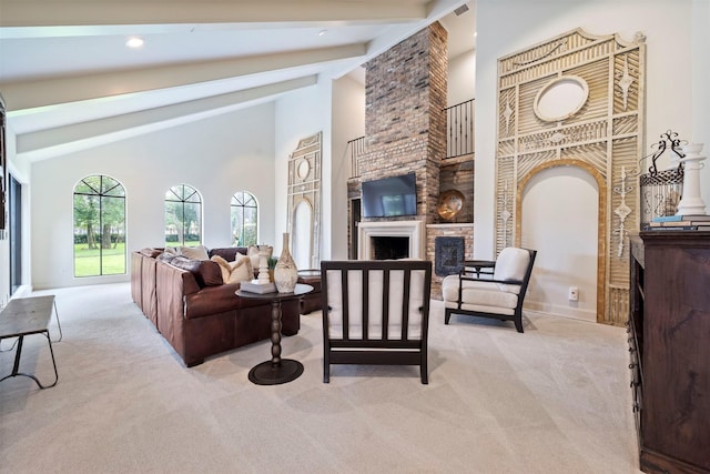 14119 Kiamesha Ct, Houston, TX 77069 - living room featuring a fireplace, light carpet, beamed ceiling, high vaulted ceiling, and baseboards