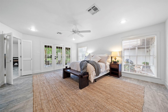 14119 Kiamesha Ct, Houston, TX 77069 - bedroom with access to outside, a ceiling fan, baseboards, light wood-type flooring, and recessed lighting