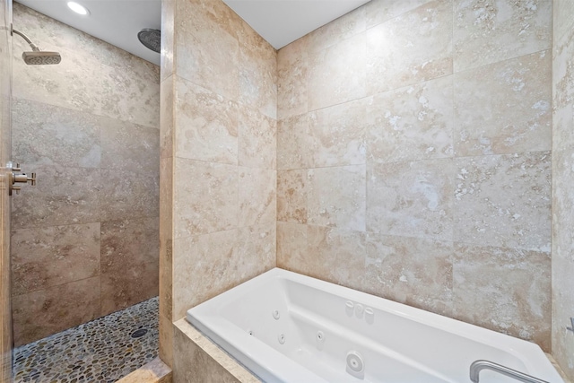 14119 Kiamesha Ct, Houston, TX 77069 - full bath featuring a jetted tub, walk in shower, and tile walls