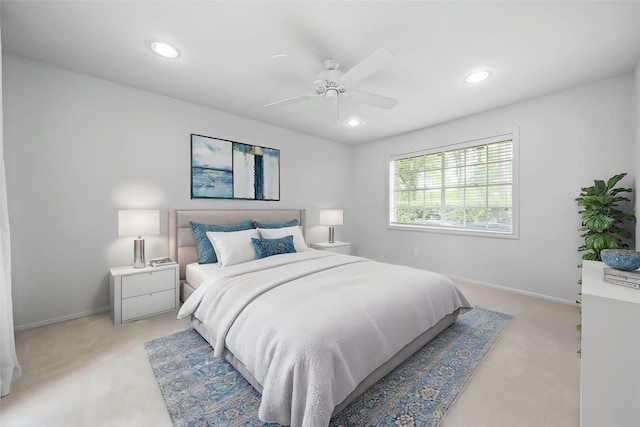 14119 Kiamesha Ct, Houston, TX 77069 - bedroom featuring light carpet, recessed lighting, baseboards, and a ceiling fan