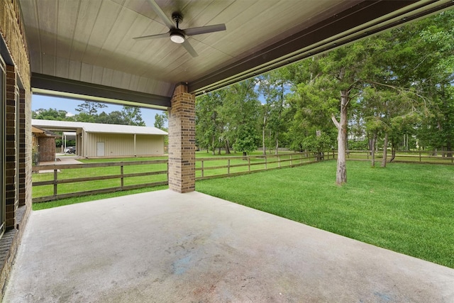 28411 Calaveras Creek Ct, Houston, TX 77336 - view of patio featuring ceiling fan and view of wooded area