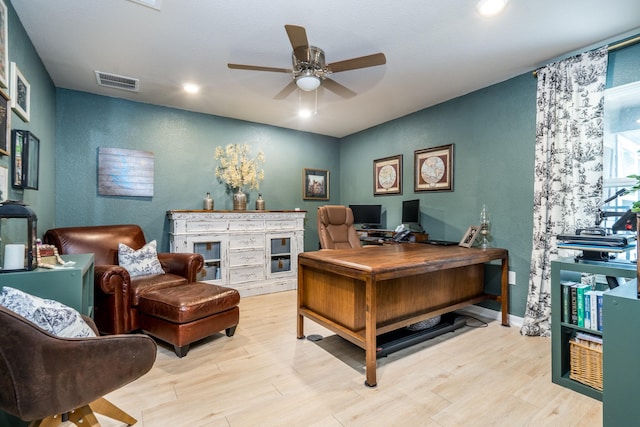 454 Cape Conroe Dr, Montgomery, TX 77356 - office space with ceiling fan, a textured wall, wood finished floors, and recessed lighting